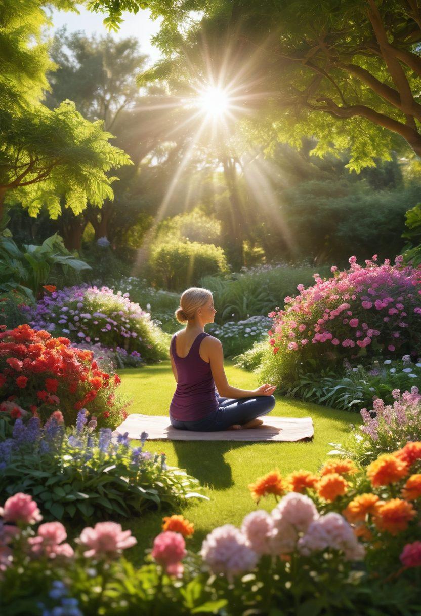 A serene landscape featuring a cancer survivor meditating in a sunlit garden surrounded by colorful flowers and lush greenery. In the background, silhouettes of people engaging in supportive group therapy, symbolizing community and strength. The atmosphere is peaceful, with soft rays of sunlight filtering through trees, creating a sense of hope and healing. vibrant colors. super-realistic.
