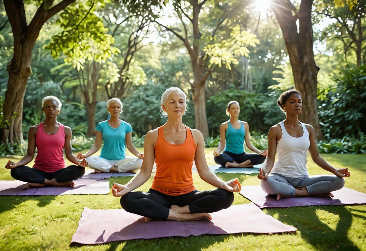 A serene and empowering scene featuring a diverse group of cancer survivors engaged in holistic healing activities, such as yoga and meditation, surrounded by lush greenery and sunlight pouring through trees. Visual elements represent both physical and mental health, like colorful wellness symbols and a glowing aura around the participants. Capture a sense of unity and strength among them, with soft, soothing color palettes. bright and uplifting ambiance. vibrant colors. super-realistic.